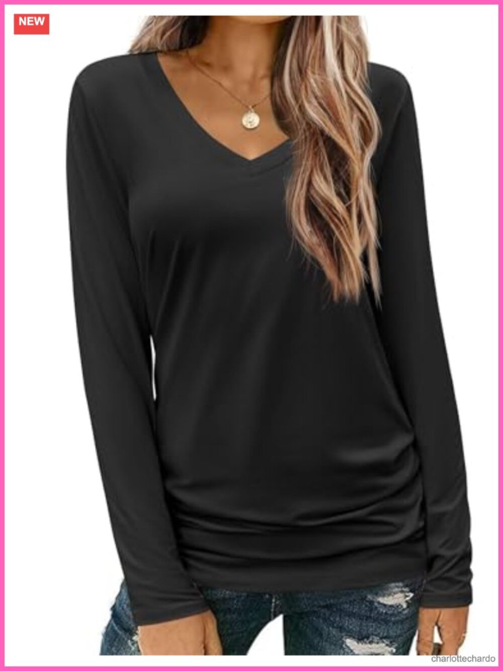 Women's V-Neck Long Sleeve Loose Fit Casual Tee